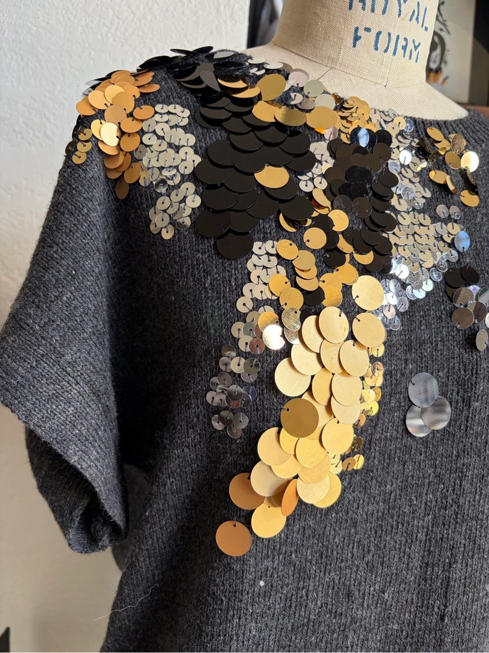 MANGO Charcoal Gray Sequin Paillette Oversized Tunic Sweater Dress Size L